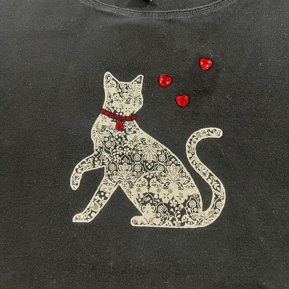 Cat Lover's Blig Sweater Black with Silver Cat Red Hearts Plus Size 2X